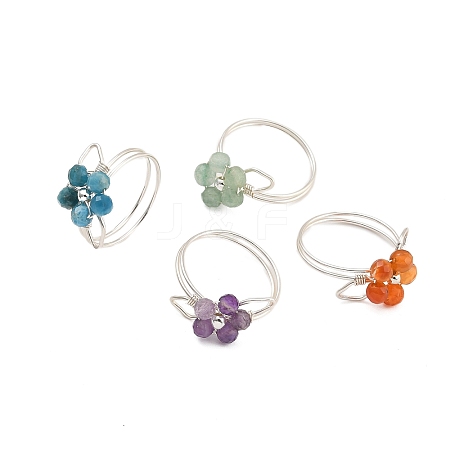 Flower Natural Green Aventurine & Amethyst & Carnelian & Apatite Finger Rings RJEW-TA00161-01-1