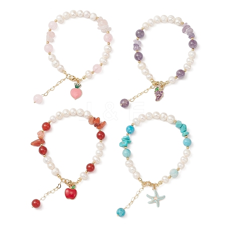 4Pcs 4 Style Grape & Apple & Peach & Starfish Alloy Enamel Charm Bracelets Set BJEW-TA00287-1