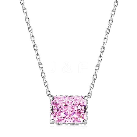 Rectangle Rhodium Plated 925 Sterling Silver Pave 8A Pink Cubic Zirconia Pendant Cable Chain Necklaces for Women NJEW-F330-06P-1