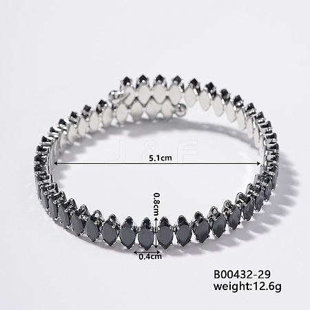 Elegant Brass Pave Black Cubic Zirconia Rhombus Open Cuff Bracelet for Women KX4249-10-1