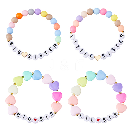 4Pcs 4 Styles Word Big Little Sis Acrylic Heart Beaded Stretch Bracelets Set BJEW-FI0001-54-1