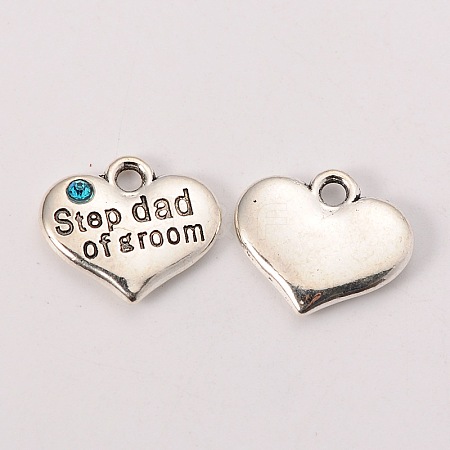 Wedding Theme Antique Silver Tone Tibetan Style Alloy Heart with Step Dad of Groom Rhinestone Charms LS-TIBEP-N005-23A-1