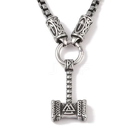 304 Stainless Steel Box Chain Viking Mjolnir Thor Hammer Pendant Necklaces for Men NJEW-K278-11AS-1