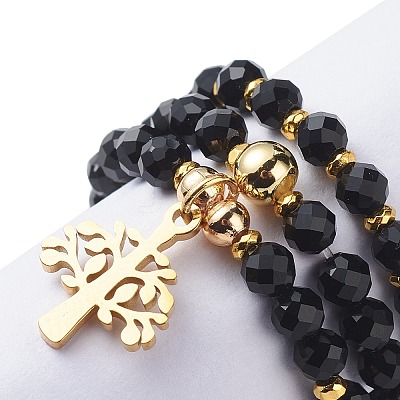 15Pcs 5 Set Natural Black Onyx & Synthetic Hematite Beaded Stretch Rings Set RJEW-JR00521-1