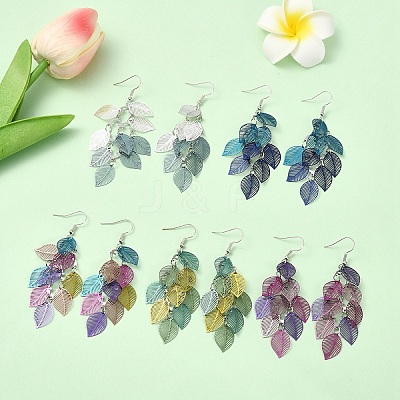 5 Pairs 5 Colors 430 Stainless Steel Leaf Dangle Earrings EJEW-YW0001-13-1