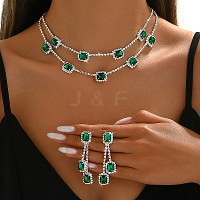 Rectangle Brass Rhinestone Double Layer Chain Necklace & Stud Dangle Earring Sets FS-WG7C731-01-1