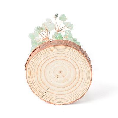 Natural Green Aventurine Chips with Brass Wrapped Wire Money Tree on Wood Base Display Decorations DJEW-B007-05D-1