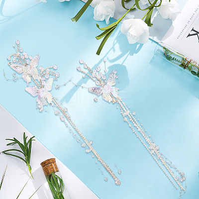 2Pcs Acrylic with Alloy Crystal Rhinestone Clear AB Butterfly Tassel Alligator Hair Clips Set AJEW-WH20080-59A-1