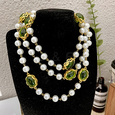 Alloy & Imitation Pearl & Oval Lampwork Beaded Long Necklaces for Women FS-WG23C77-01-1