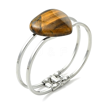 Natural Mixed Gemstone Heart Brass Hinged Cuff Bangles BJEW-JB14316-1
