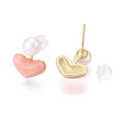 Heart Brass Natural Pearl Stud Earrings PEAR-N020-06Y-1