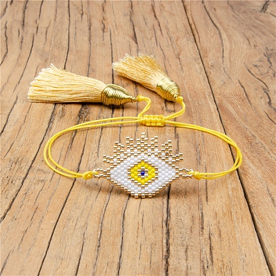 Glass Seed Braided Bead Bracelet with Double Tassel BJEW-A121-18D-1