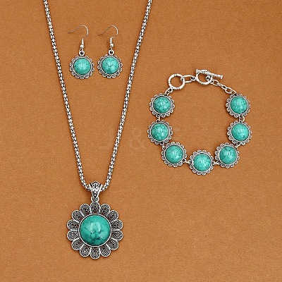 Flower Alloy with Synthetic Turquoise Pendant Necklaces & Dangle Earrings & Link Bracelets Sets WGD1135-17-1