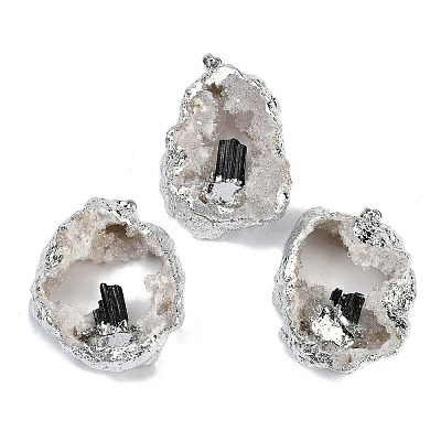 Natural Tourmaline & Druzy Agate Hollow Geode Pendants G-G162-03P-02-1
