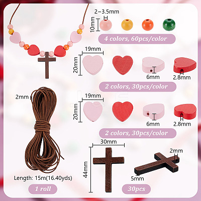 DIY Wood Round Heart Cross & Cowhide Leather Cord Necklaces Making Kits DIY-GA0007-97-1