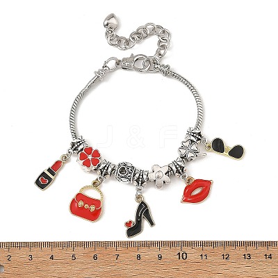 Makeup Theme Alloy Enamel Lipstick Handbag Shoe Charm Brass European Bracelets for Women BJEW-JB14237-01-1