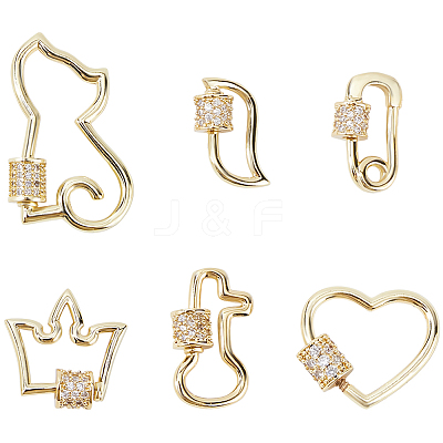 6Pcs 6 Styles Brass Micro Pave Clear Cubic Zirconia Screw Carabiner Lock Charms KK-DC0005-06-1