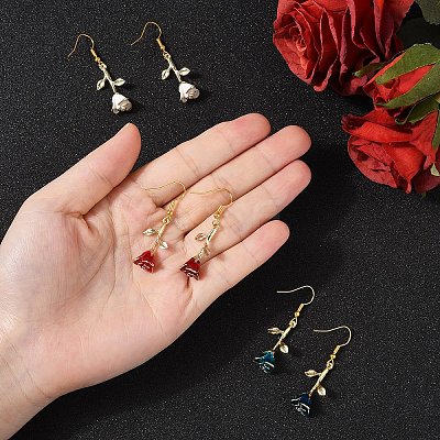3 Pairs 3 Colors Brass Flower Dangle Earrings EJEW-YW00003-1