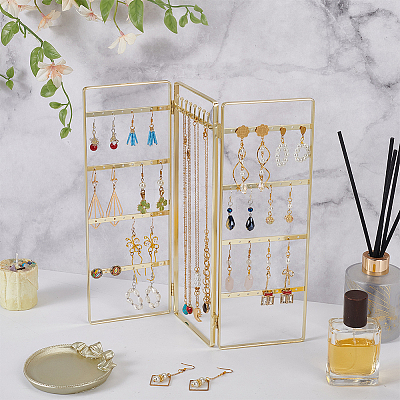Iron Earring Display Folding Screen Stands with 3 Folding Panels EDIS-WH0070-01G-1