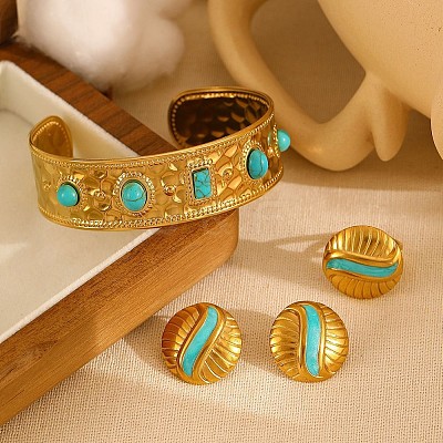 Synthetic Turquoise Cuff Bangles & Finger Ring & Stud Earrings Sets FS-WGB9654-04-1