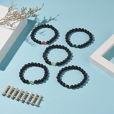 Natural Lava Rock & Dyed Agate Beaded Stretch Bracelets BJEW-JB09178-1