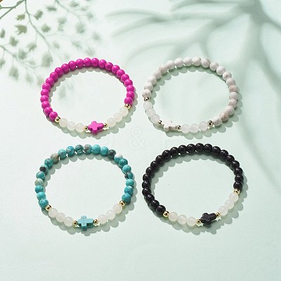 Synthetic Turquoise(Dyed) & Hematite & Natural White Jade Beaded Stretch Bracelet with Cross BJEW-JB08287-1
