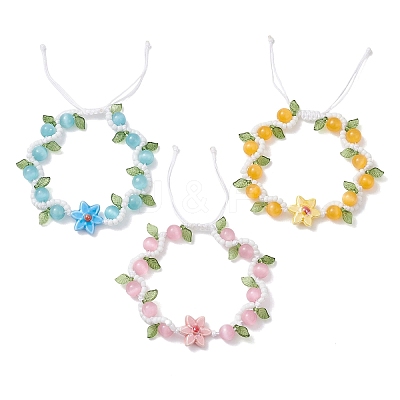 3Pcs Flower Handmade Porcelain and Cat Eye and Acrylic Beads Braided Bead Bracelets BJEW-TA00700-1