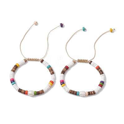 Adjustable Synthetic Turquoise Heishi & Natural Sea Shell & Coconut & Cultured Freshwater Pearl Beaded Braided Bead Bracelets for Women BJEW-JB11543-1