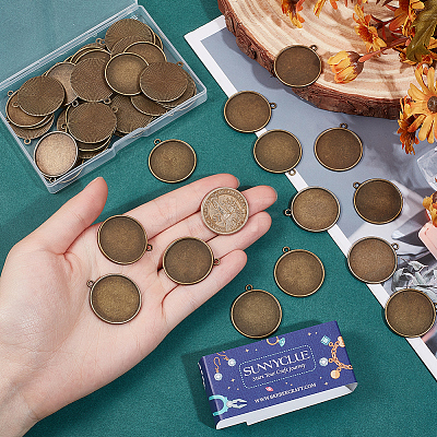 50Pcs Flat Round Alloy Pendant Cabochon Settings TIBEP-SC0002-90-1