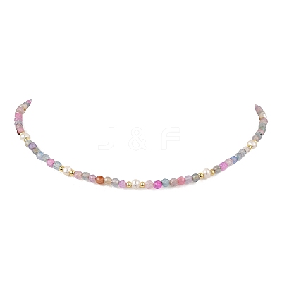 Dyed & Heated Faceted Round Natural Agate and Cultured Freshwater Pearl Beaded Necklaces for Women NJEW-JN06240-03-1