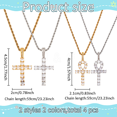 4Pcs 4 Style 304 Stainless Steel with Cubic Zirconia Cross Pendant Necklaces Set with Brass Chains NJEW-AN0001-81-1