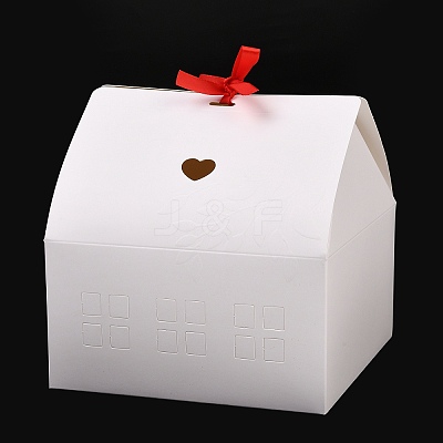 Cardboard Paper Hollow Out House Candy Boxes with Window and Red Polyester Ribbon CON-WH0816-003-1