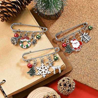 3Pcs 3 Style Christmas Tree & Wreath & Santa Claus & Alloy Enamel Charms Safety Pin Brooch JEWB-TA00011-1