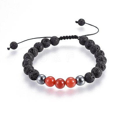 Natural Lava Rock and Non-Magnetic Synthetic Hematite Beads Braided Bead Bracelets BJEW-JB03975-07-1