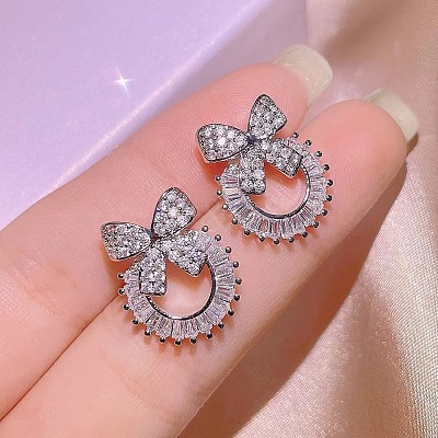 Bowknot & Ring Alloy Clear Cubic Zirconia Stud Earrings FS-WG09EB0-03-1