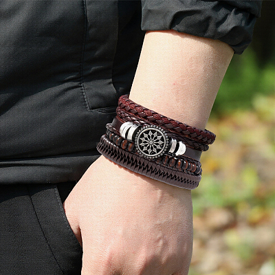 1Pc Cowhide & Imitation Leather Cord Knitted Multi-strand Bracelets AJEW-GF0011-50B-1