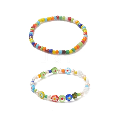 2Pcs 2 Style Natural Pearl & Lampwork Flower & Glass Seed Beaded Stretch Bracelets Set for Women BJEW-JB09101-1