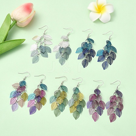 5 Pairs 5 Colors 430 Stainless Steel Leaf Dangle Earrings EJEW-YW0001-13-1