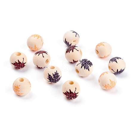 Autumn Theme Spray Painted Natural Wood Beads WOOD-P015-A-1