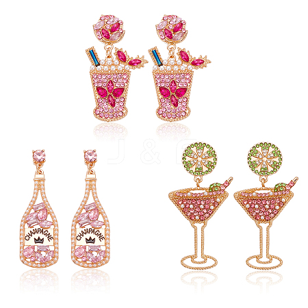 3 Pairs 3 Style Rhinestone Wine Glass Dangle Stud Earrings EJEW-AN0003-61-1