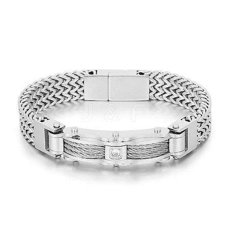 304 Stainless Steel Pave Cubic Zirconia Wheat Chain Bracelets for Men's FS-WGC4B47-16-1