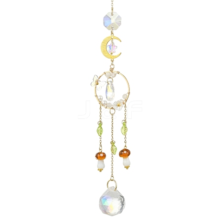 Glass Teardrop & Mushroom &  Brass Moon Suncatcher HJEW-JM04934-01-1