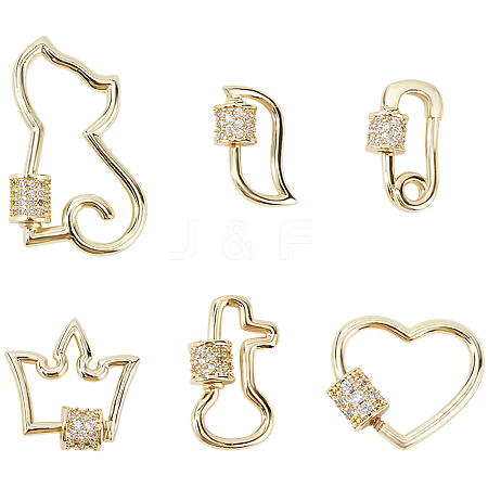 6Pcs 6 Styles Brass Micro Pave Clear Cubic Zirconia Screw Carabiner Lock Charms KK-DC0005-06-1