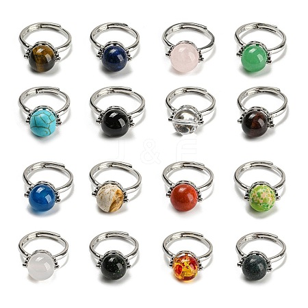 Natural & Synthetic Mixed Gemstone Round Adjustable Rings RJEW-G290-02P-1