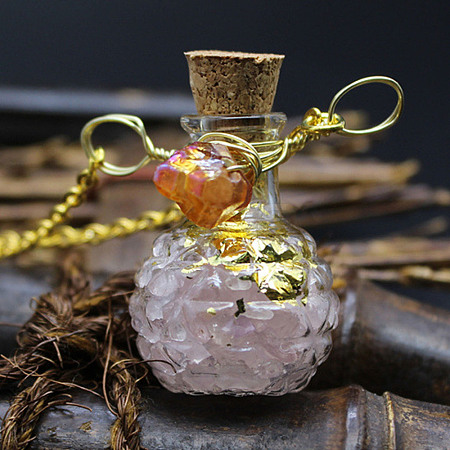 Natural Rose Quartz Chips Perfume Bottle Necklace BOTT-PW0008-02E-1