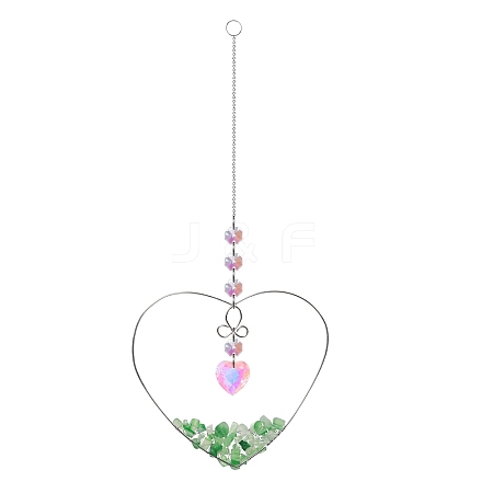 Natural Green Aventurine Chips Wire Wrapped Metal Heart Hanging Ornaments PW-WG7A082-01-1