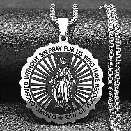 304 Stainless Steel Flat Round Virgin Mary Pendant Box Chain Necklaces STAS-D196-02P-1