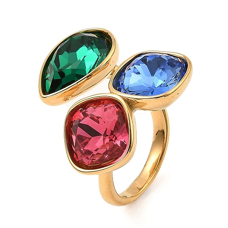 Teardrop & Square Glass Open Cuff Rings RJEW-G289-01G-06-1