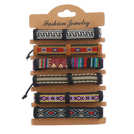 6Pcs 6 Colors PU Leather & Cotton Braided Cord Bracelets Set PW-WG43775-04-1