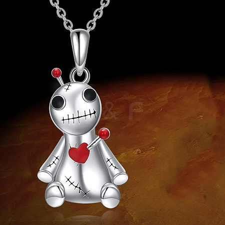 Halloween Alloy Enamel Red Heart Gothic Doll Pendant Necklaces for Unisex WGBCC68-01-1